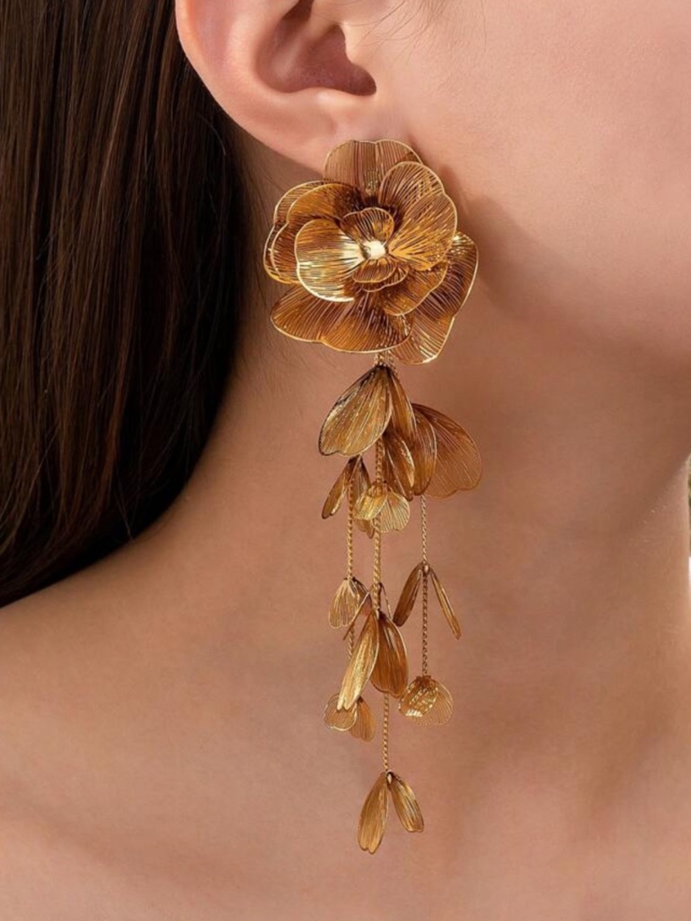 Gold Floral Drop Earrings - Statement Women Jewelry